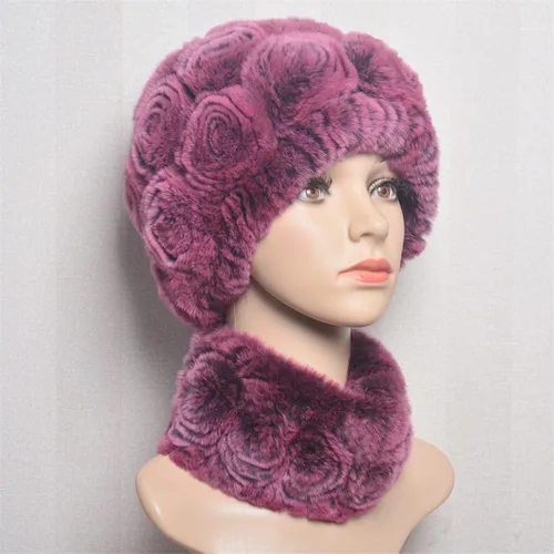 Vista 7 de Conjunto de sombreros de invierno para mujer, gorro de piel elástica, gorro de bufanda para mujer, sombrero de flores de rosa, suave, resistente al