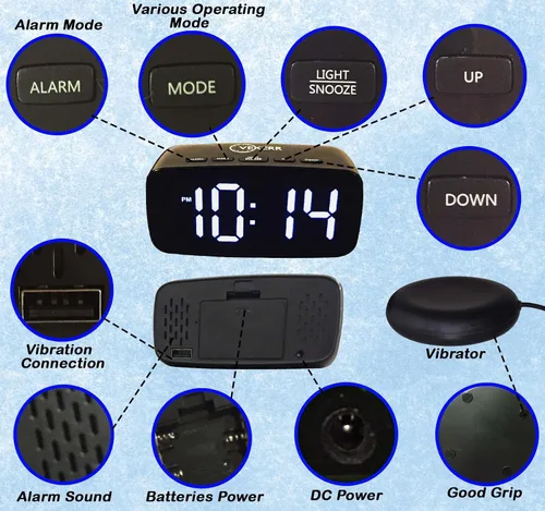 Vista 4 de Reloj despertador ruidoso con agitador de cama, reloj despertador vibratorio para personas que duermen con mucha fuerza, reloj despertador digital