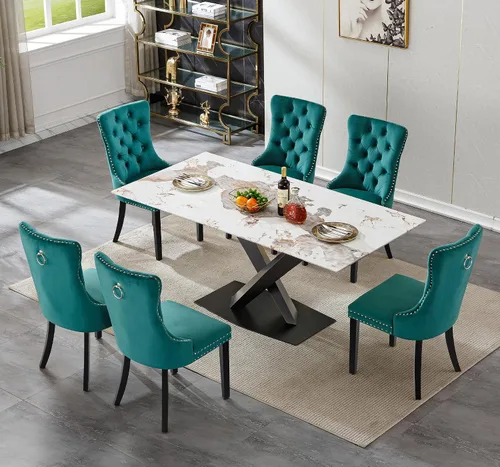 Vista 2 de Juego de mesa de comedor de mármol blanco de lujo para 6, 70 pulgadas, mesa de comedor de mármol blanco con 6 sillas de terciopelo verde y base
