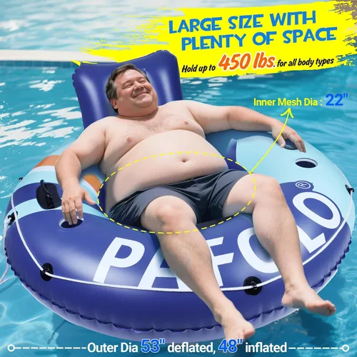 Vista 5 de Flotador inflable de tubo de río, flotador de piscina para adultos, tubos de río para flotar resistente con parte inferior de malla, respaldo cómodo