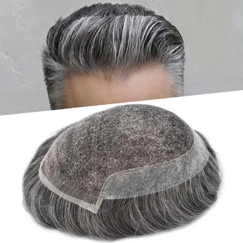 Vista 29 de Tupé para hombre con encaje suizo para hombre, sistema de reemplazo de cabello humano real, extensiones de nudo blanqueado para prótesis de cabello