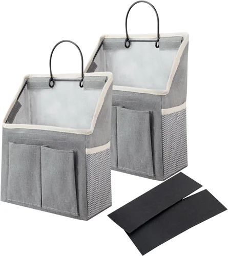 Vista 8 de LYroo Paquete de 2 cestas organizadoras negras para colgar en la pared con bolsillos para baño, dormitorio, cocina, dormitorio, artículos esenciales