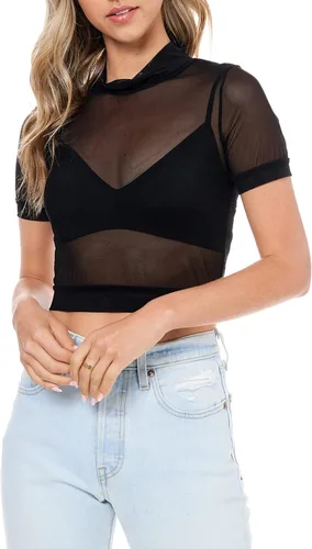 Vista 3 de Elodie Top de malla transparente para mujer Camisa de manga corta transparente