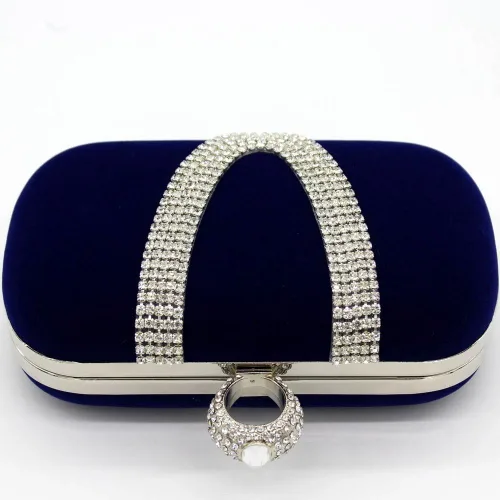 Vista 3 de Bolso de noche con cierre de anillo de cristal de diamantes de imitación para fiesta de boda, Azul