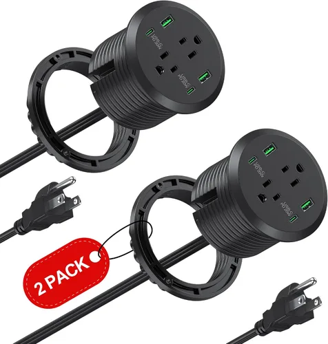 Vista 8 de Ojal de alimentación de escritorio, estación de carga rápida USB C de 65 W, 2 salidas de CA, 4 puertos USB en la parte superior de tu escritorio