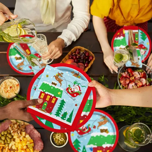 Vista 3 de Suministros de fiesta de Navidad Lamparty - Platos y servilletas desechables de papel con temática de Santa de Navidad - Perfectas decoraciones