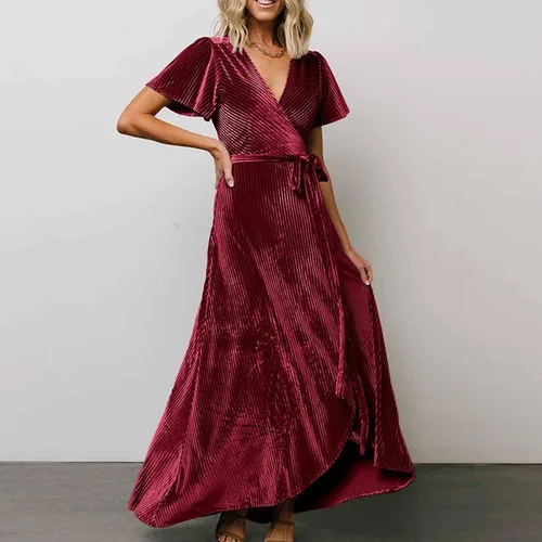 Vista 2 de Vestido de fiesta de terciopelo acanalado para mujer, cuello en V, manga corta, lazo en la cintura, fiesta de noche, longitud al suelo, vestido