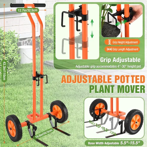 Vista 4 de Carrito de plantas con ruedas, carrito de mudanza de plantas resistente con brazo de agarre ajustable y correa, carrito de plantas con mango en T