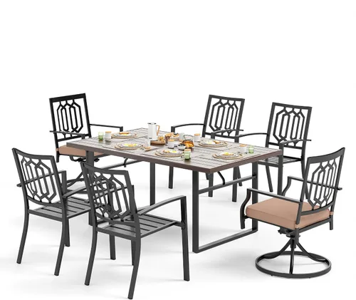 Vista 26 de SUNSHINE VALLEY Juego de 7 sillas de comedor para patio, material metálico, 6 sillas de comedor de color teca rectangular con agujero para sombrilla