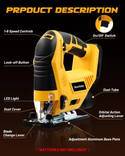 Vista 4 de Sierra de calar inalámbrica compatible con batería Dewalt de 20 V MAX, 6 velocidades variables, 4 ajustes orbitales, ángulo biselado (0 ° - 45 °)