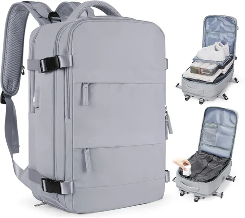 Vista 55 de Mochila de viaje grande, bolsa de mano, aprobada para aviones, para artículos personales, para hombre o mujer, color beige con marrón