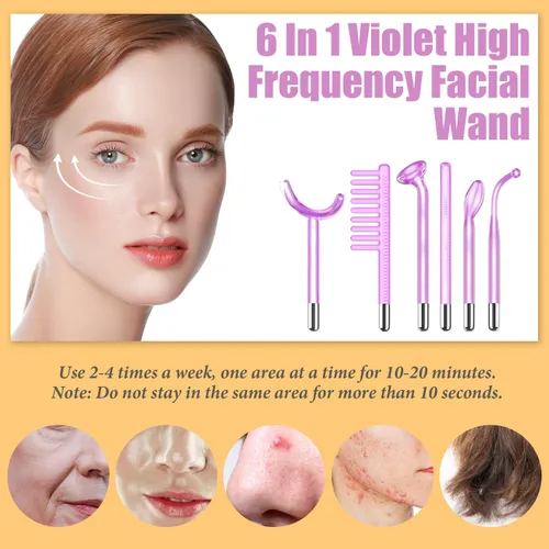 Vista 3 de Uaike - Varita facial de alta frecuencia, 6 en 1, color violeta, portátil, portátil, de alta frecuencia, con 6 tubos de vidrio morado, dispositivo