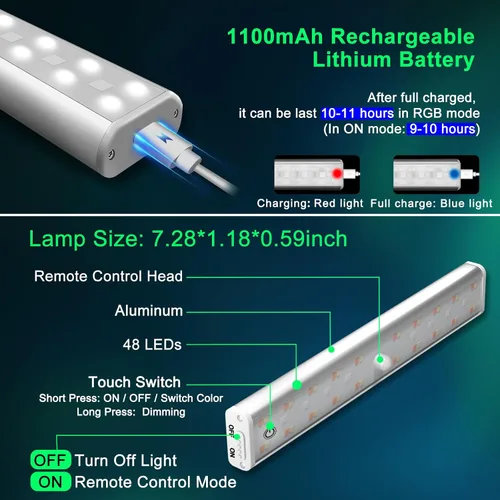 Vista 2 de Iluminación para debajo del gabinete, inalámbrica, recargable, funciona con pilas, luces LED regulables debajo de la encimera, barra de luces