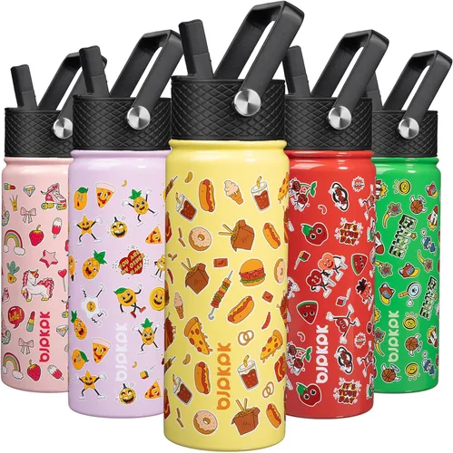Vista 77 de BJPKPK Botella de agua con tapa con pajilla, botella de agua aislada de 15 onzas, botellas de agua de metal de acero inoxidable, termo reutilizable