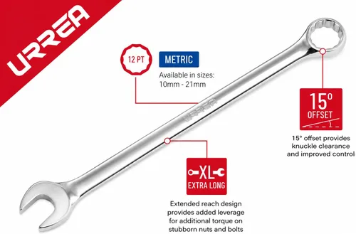 Vista 2 de URREA Llave combinada de 12 puntos, herramienta mecánica extra larga de 0.394 in con alcance extendido y acabado de níquel-cromo, 40.9 fl oz