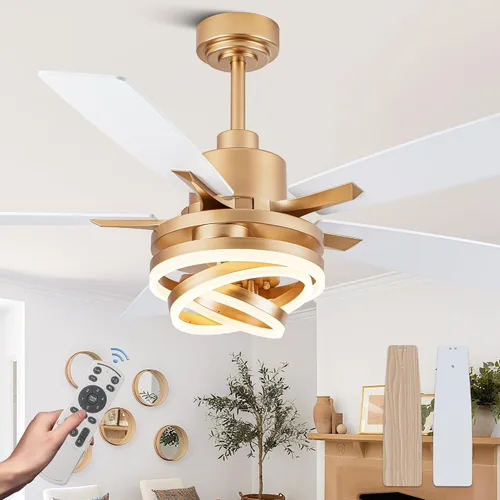 Vista 10 de Modernos ventiladores de techo de 52 pulgadas con luces, color plateado Remote/APP, 3 Adjustable Rings, 2550ML, 3000-6000K, Reversible DC Motor