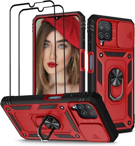 Vista 16 de Jeylly Funda para Galaxy A12 con cubierta deslizante para cámara, protector de pantalla de vidrio templado, protección híbrida de policarbonato duro