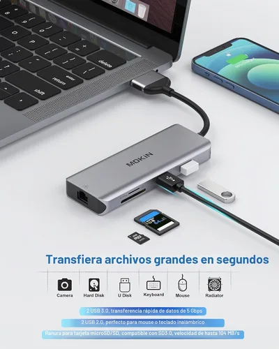 Vista 8 de MOKiN - Estación de acoplamiento para MacBook Pro, adaptador HDMI de doble monitor MacBook Pro/Air Adaptadores USB C 9 en 1 para MacBook Pro Air