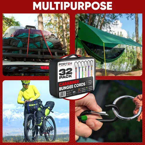 Vista 5 de FORTEM Surtido de cuerdas elásticas con mosquetón, paquete múltiple de 32 cuerdas elásticas, incluye cuerdas elásticas de 18", 24", 30", 36", 48
