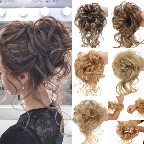 Vista 12 de Tousled Updo - Coleta de cola de caballo con banda elástica para el cabello, extensiones de cabello sintético corto ondulado rizado para mujeres