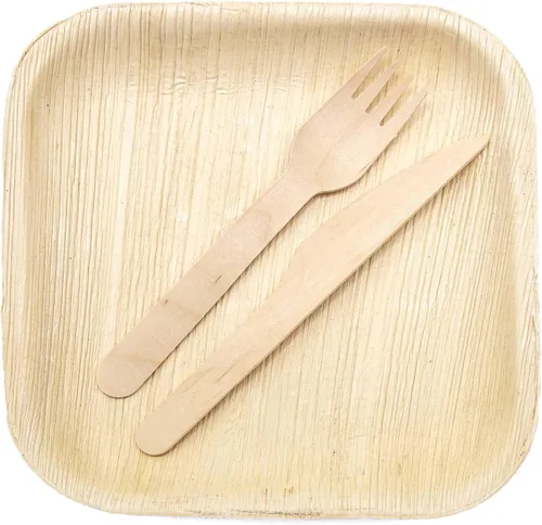 Vista 8 de ECODECO Platos de hoja de palmera – 50 piezas cuadrados de 8 pulgadas – Platos desechables como bambú para fiesta con cubiertos