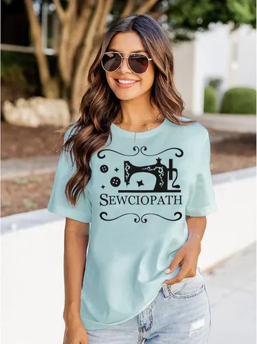 Vista 3 de GLIGLITTR Camiseta de mujer para amantes de la costura con estampado de costura, divertida máquina de coser con cuello redondo, manga corta, casual