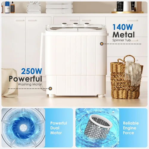 Vista 6 de Lavadora portátil, lavadora portátil de 18 libras con ciclo de centrifugado y secadora, lavadora semiautomática combinada para dormitorios