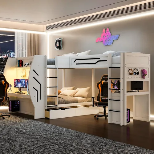 Vista 11 de Cama tipo loft en forma de L tamaño matrimonial e individual con 2 escritorios, tablero de clavijas y cajones de almacenamiento, marco de cama