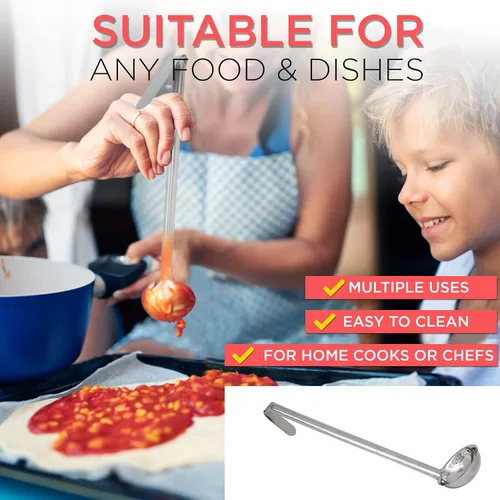 Vista 6 de Fit Meal Prep [Paquete de 2] Cucharón de sopa de acero inoxidable de 2 onzas, espátula de salsa de una pieza con asas de gancho, cuchara de servir