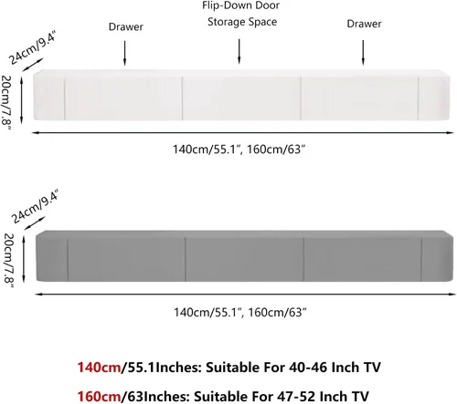 Vista 6 de Mueble para TV de pared con almacenamiento, color gris, 55.1 in