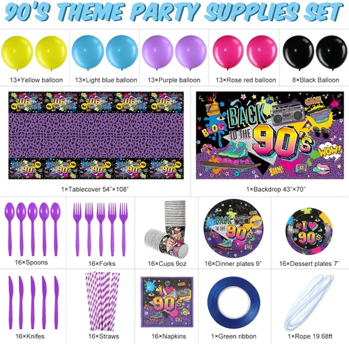 Vista 2 de Cunhill Decoraciones de fiesta de los años 90, temática de los años 90, globos de látex de regreso a los 90, mantel de fiesta de los 90, platos