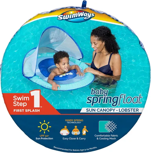 Vista 6 de SwimWays Baby Spring Float with Adjustable Canopy and UPF Sun Protection, Blue Lobster