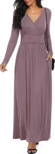 Vista 12 de LILBETTER - Vestido largo de manga larga, cuello en V profundo, holgado, liso y casual para mujer Verde militar