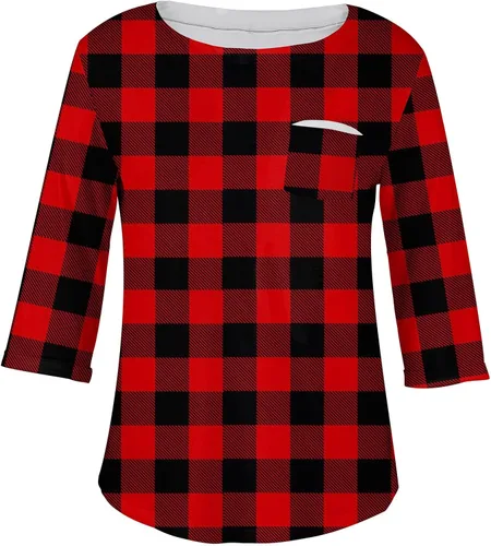 Vista 2 de Camisas para mujer, talla grande, estampado, manga 34, cuello redondo, sudaderas para ocultar el vientre