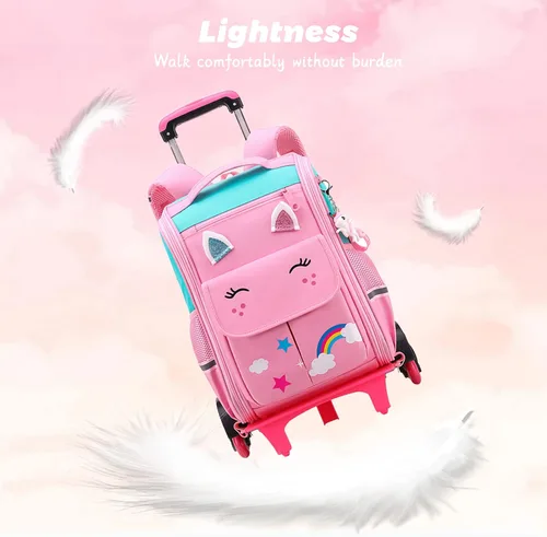 Vista 4 de Tanou Mochila rodante para niñas y niños, mochila ligera y transpirable, linda mochila con ruedas para viajes escolares, Viajar