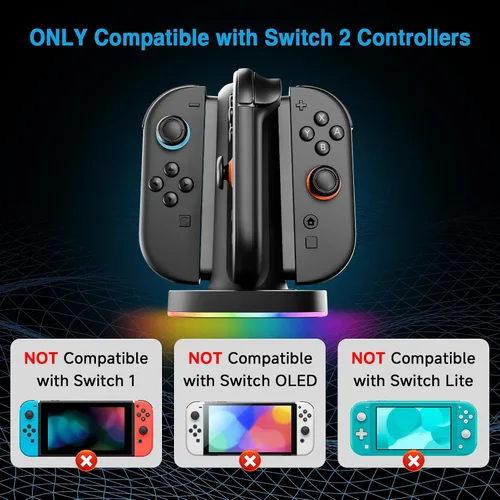 Vista 5 de Charging Dock for Nintendo Switch 2 Joycon - 4 in 1 Magnetic Charger Fast Controller Charging Station with RGB Lights, 3.3FT Charging Cable