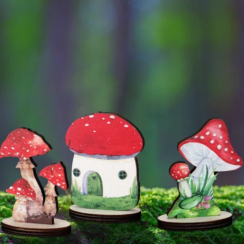 Vista 6 de Thyle 16 piezas de decoraciones de fiesta de hongos de madera Centros de mesa de bosque de hadas Decoraciones de bosque encantado Tapa de mesa