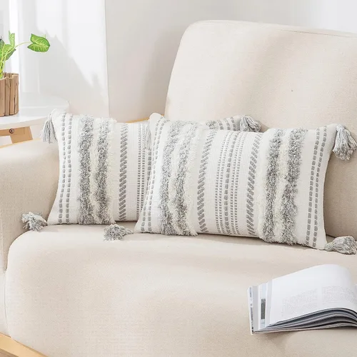 Vista 14 de decorUhome Funda de almohada decorativa bohemia de 18 x 18 pulgadas, funda de almohada de acento con textura neutra acolchada a rayas para sofá