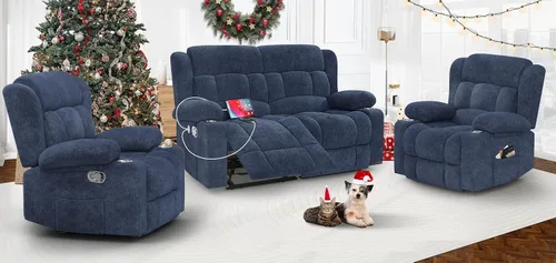 Vista 23 de Juego de sofá reclinable loveseat con 2+1 piezas, 2 plazas estilo minimalista reclinable manual con tirador, loveseat con puertos de carga USB