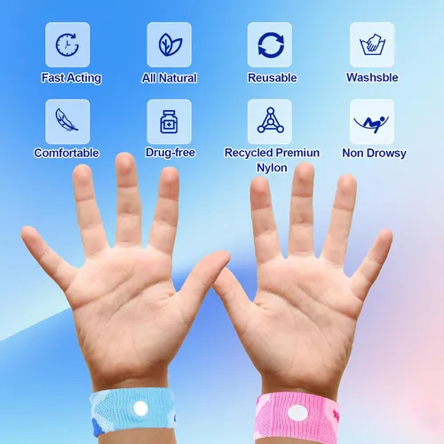 Vista 5 de Bandas contra el mareo por movimiento para niños, pulseras para alivio del mareo de viaje, bandas antináuseas para mareo matutino en automóvil y mar