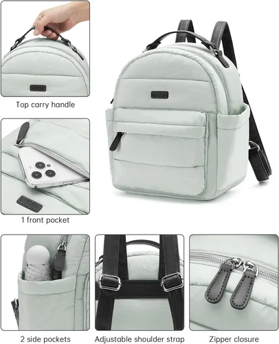Vista 6 de Vividora Mini mochila acolchada para mujer, pequeña mochila acolchada de nailon ligero para viajes diarios, Gris Verde