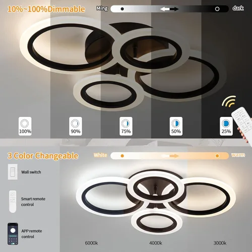 Vista 6 de Shine LUEST Lámpara de techo LED moderna de 34 W, 3000 K-6000 K regulable, accesorios de iluminación de techo para montaje en techo, 4 anillos