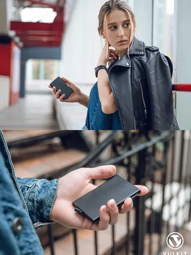 Vista 25 de VULKIT Cartera desplegable, soporte minimalista para tarjetas de crédito, bloqueo RFID, funda de metal delgada para hombres