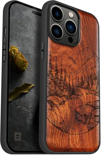Vista 10 de Carveit Funda magnética de madera para iPhone 14 Pro Max [madera natural y TPU suave negro] Funda protectora de madera única y elegante a prueba