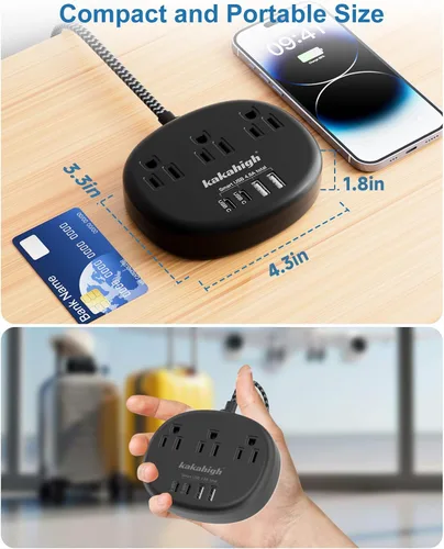Vista 3 de Cable de extensión negro de 10 pies, cable de extensión de 1625 W, 3 clavijas con 3 salidas de CA, 4 USB (24 W/4.8 A), estación de carga de cabecera
