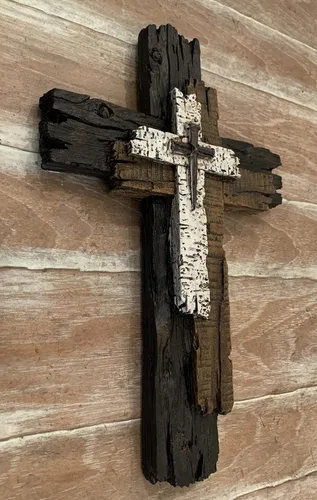 Vista 2 de Top Brass Cruz decorativa de pared - Escultura de arte espiritual con aspecto de madera envejecida multicapa rústica
