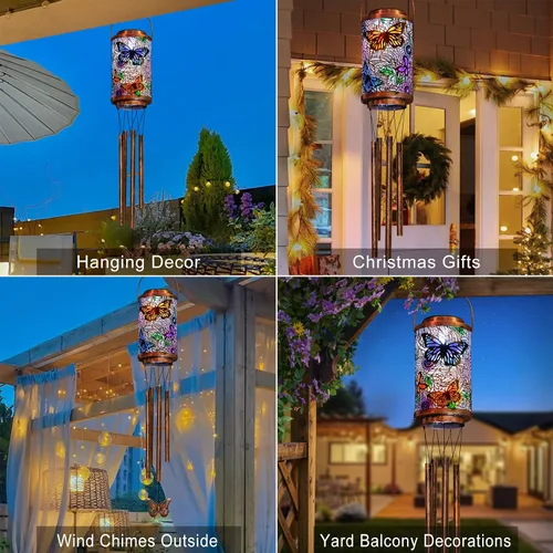 Vista 2 de Campanillas de viento solares de mariposa para exteriores, regalos de jardín para mamá, faroles solares para decoración al aire libre para balcón