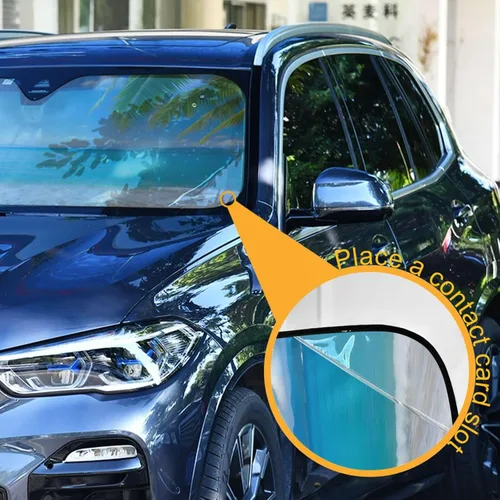 Vista 5 de Parasol para parabrisas de automóvil, diseño de palmera tropical, playa, bloquea los rayos UV, protector solar plegable para mantener tu vehículo