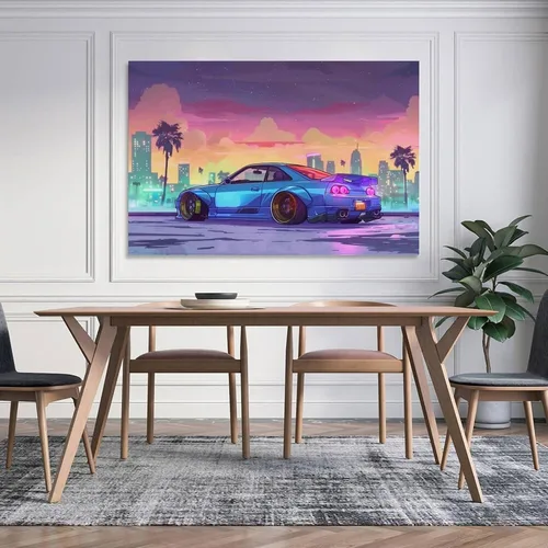 Vista 5 de Synthwave Vaporwave R32 - Póster de animé de palmera Jdm para automóvil, decoración de pared, pósteres e impresiones para dormitorio, sala de estar