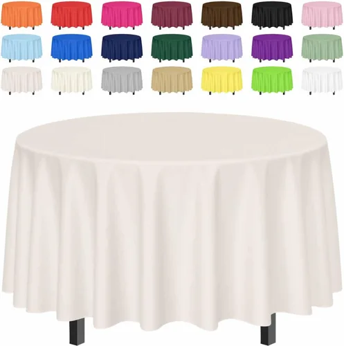 Vista 23 de SietDESEO Paquete de 2 manteles redondos de plástico de 84 x 84 pulgadas, impermeables, color negro, desechables para bodas, cumpleaños, baby Mantel
